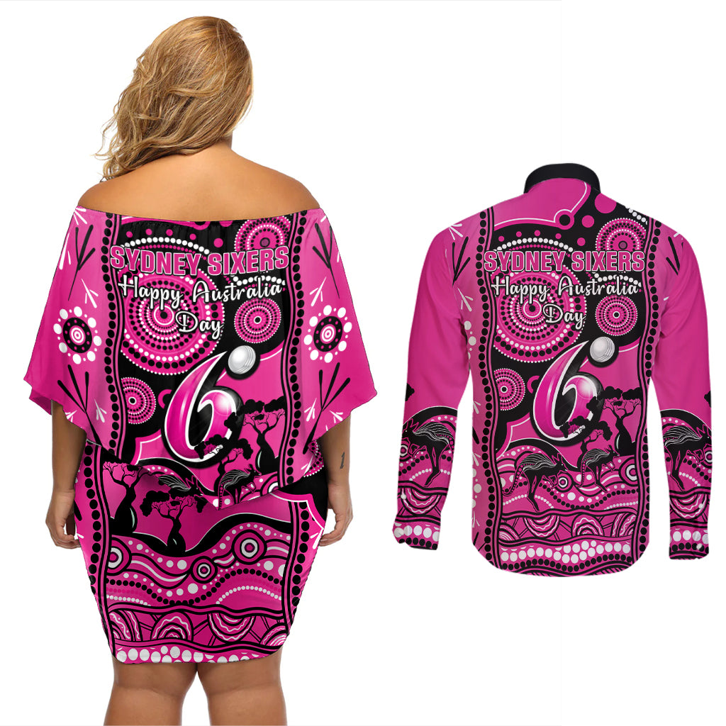 sydney-sixers-cricket-couples-matching-off-shoulder-short-dress-and-long-sleeve-button-shirt-happy-australia-day-aboriginal-art