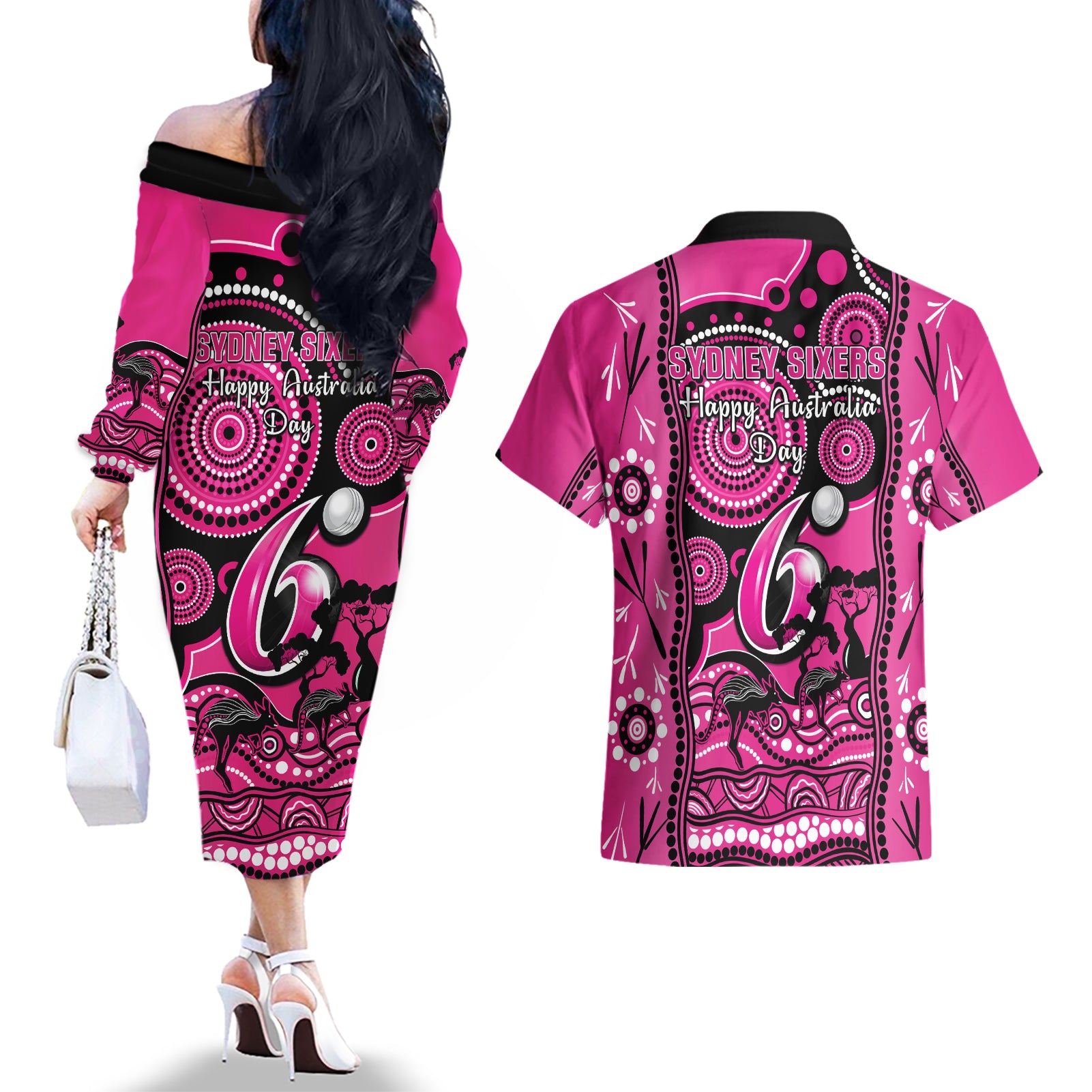 sydney-sixers-cricket-couples-matching-off-the-shoulder-long-sleeve-dress-and-hawaiian-shirt-happy-australia-day-aboriginal-art