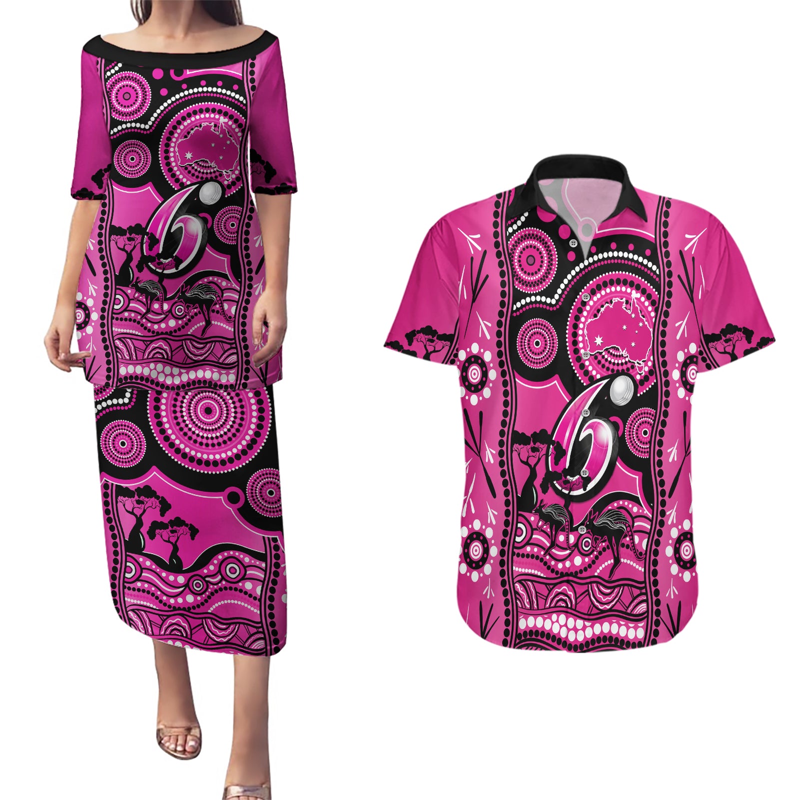 sydney-sixers-cricket-couples-matching-puletasi-dress-and-hawaiian-shirt-happy-australia-day-aboriginal-art