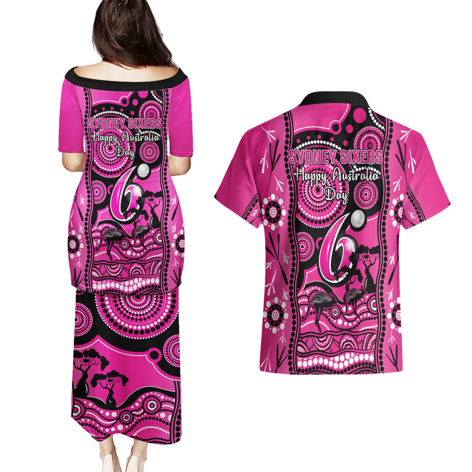 sydney-sixers-cricket-couples-matching-puletasi-dress-and-hawaiian-shirt-happy-australia-day-aboriginal-art