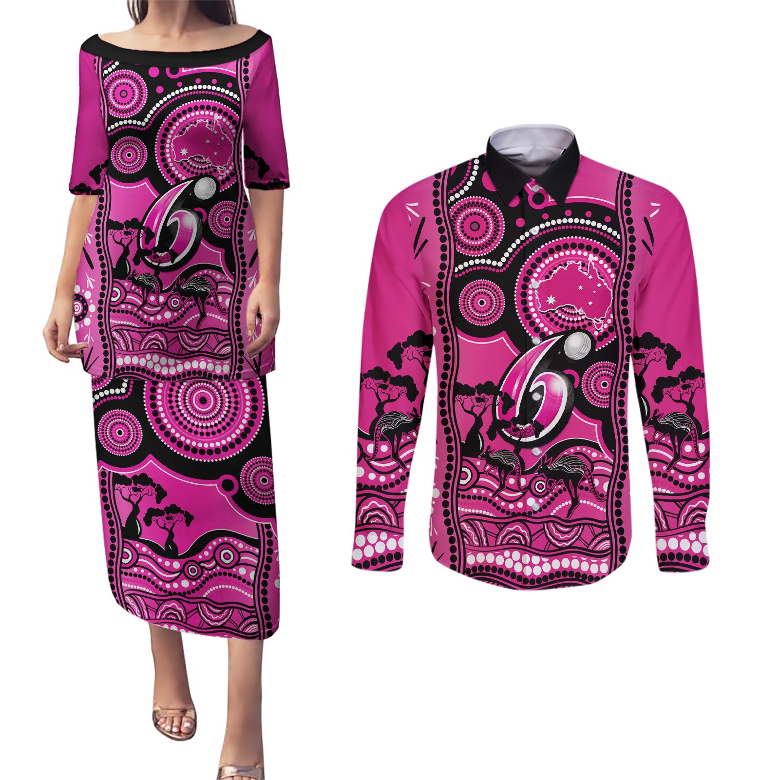 sydney-sixers-cricket-couples-matching-puletasi-dress-and-long-sleeve-button-shirt-happy-australia-day-aboriginal-art