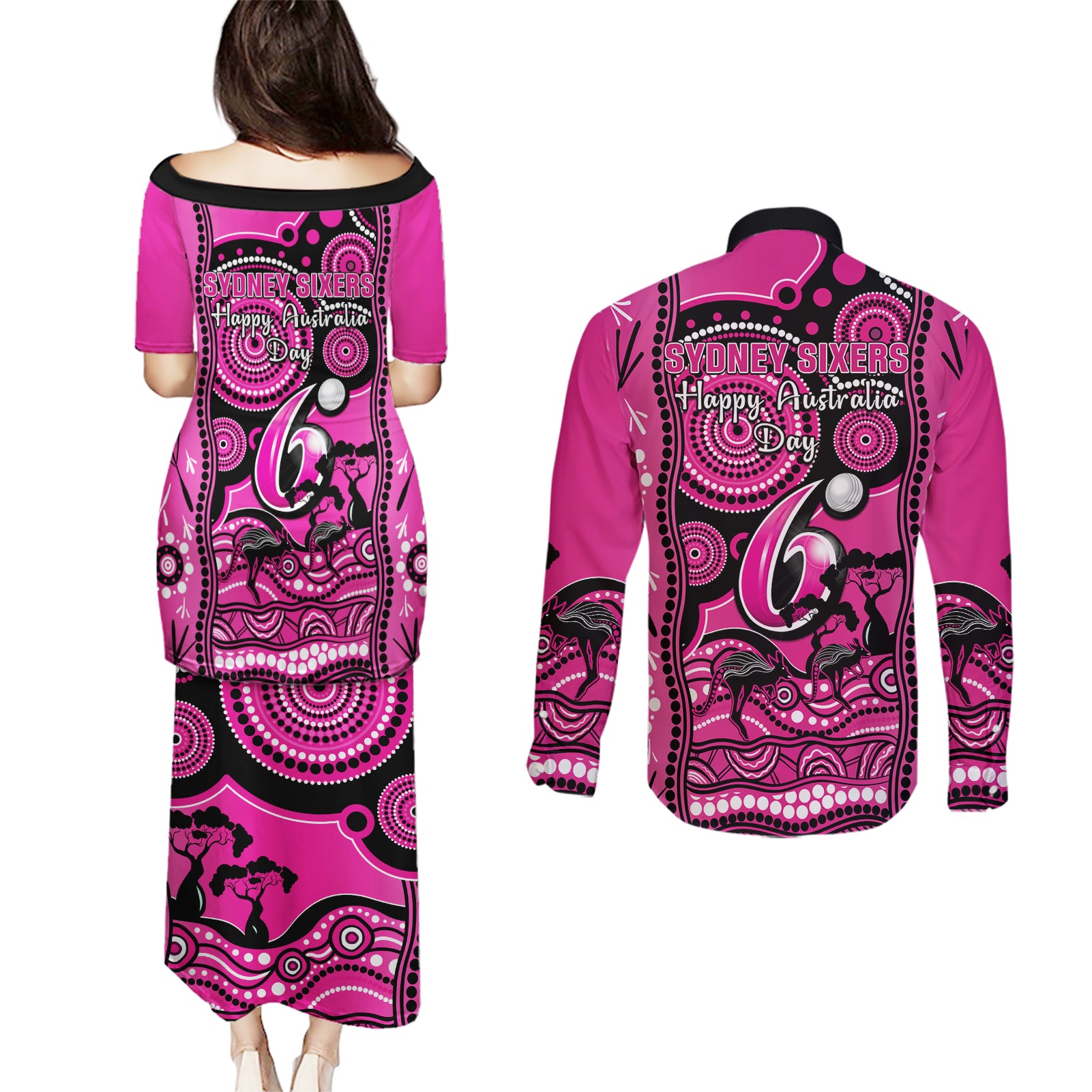 sydney-sixers-cricket-couples-matching-puletasi-dress-and-long-sleeve-button-shirt-happy-australia-day-aboriginal-art