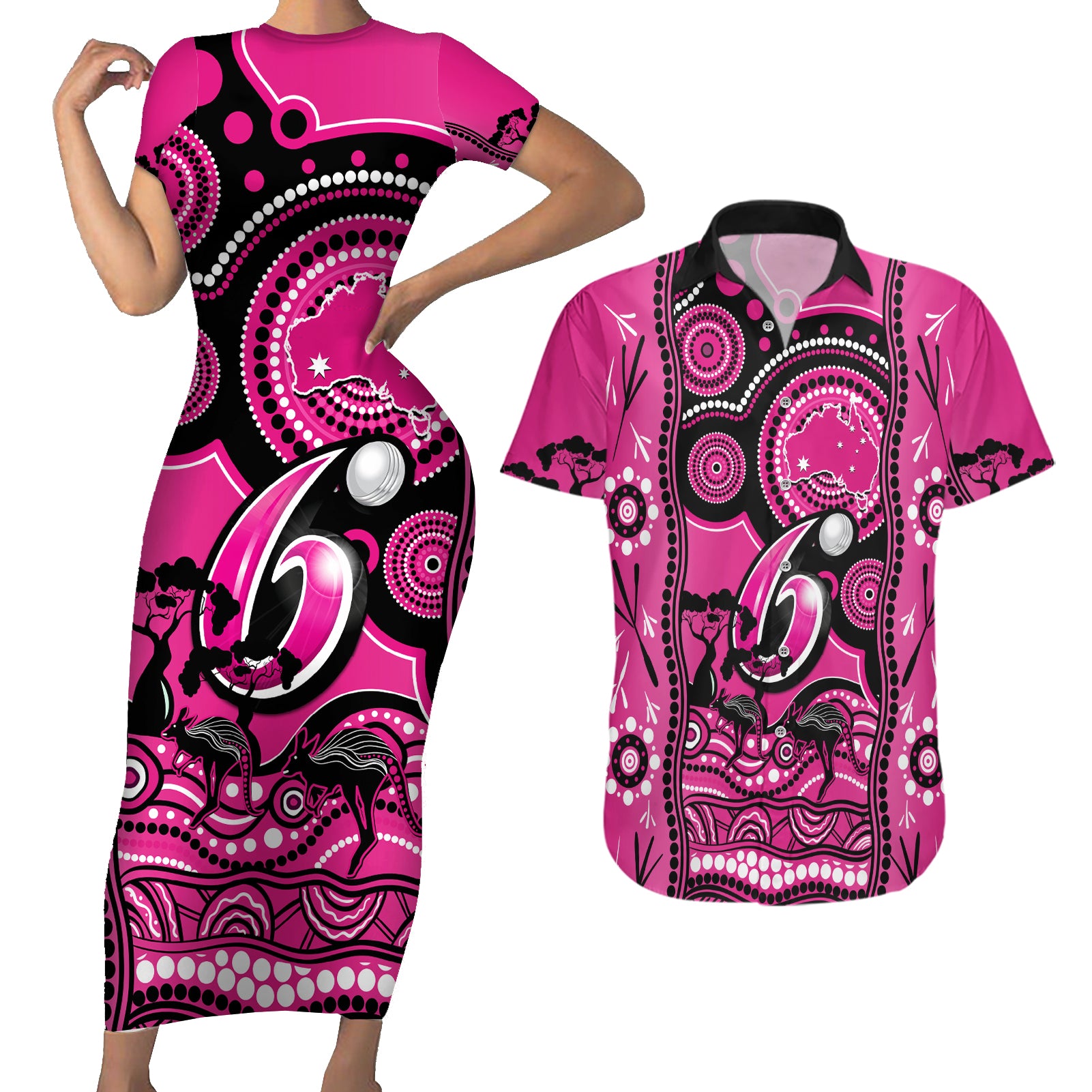 sydney-sixers-cricket-couples-matching-short-sleeve-bodycon-dress-and-hawaiian-shirt-happy-australia-day-aboriginal-art