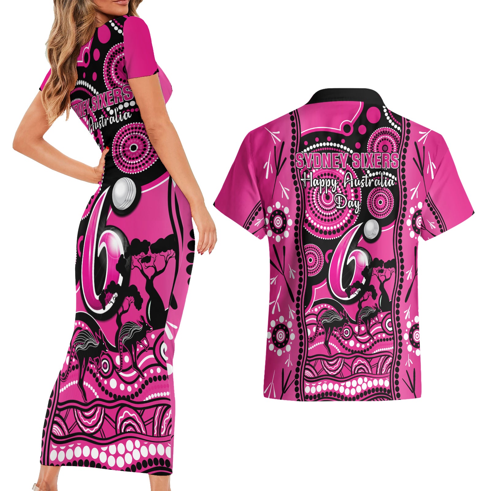 sydney-sixers-cricket-couples-matching-short-sleeve-bodycon-dress-and-hawaiian-shirt-happy-australia-day-aboriginal-art