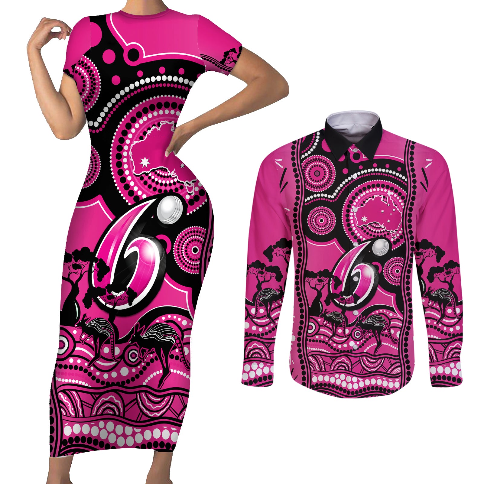 sydney-sixers-cricket-couples-matching-short-sleeve-bodycon-dress-and-long-sleeve-button-shirt-happy-australia-day-aboriginal-art
