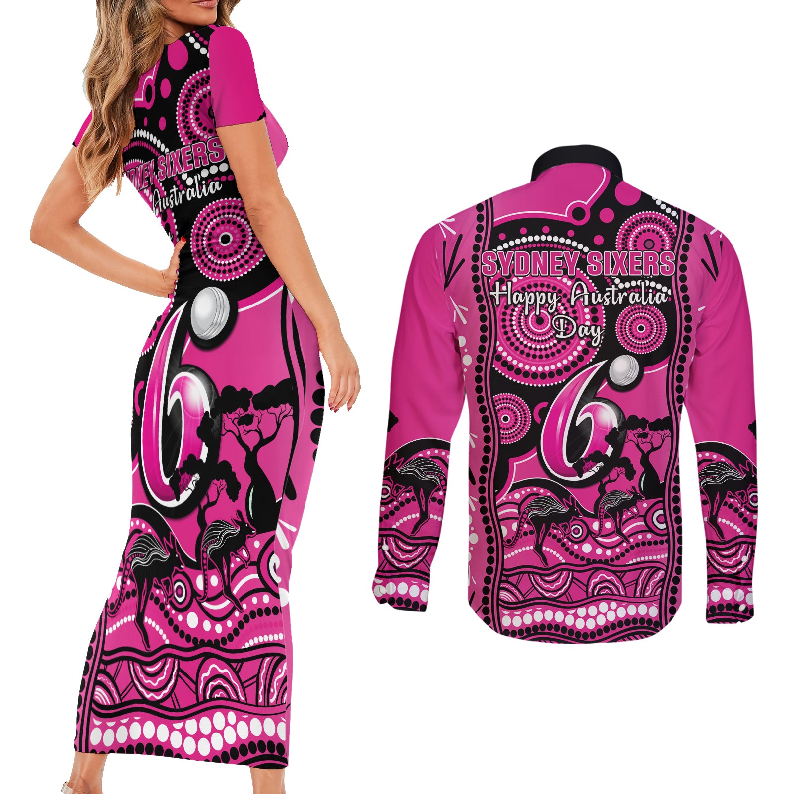 sydney-sixers-cricket-couples-matching-short-sleeve-bodycon-dress-and-long-sleeve-button-shirt-happy-australia-day-aboriginal-art