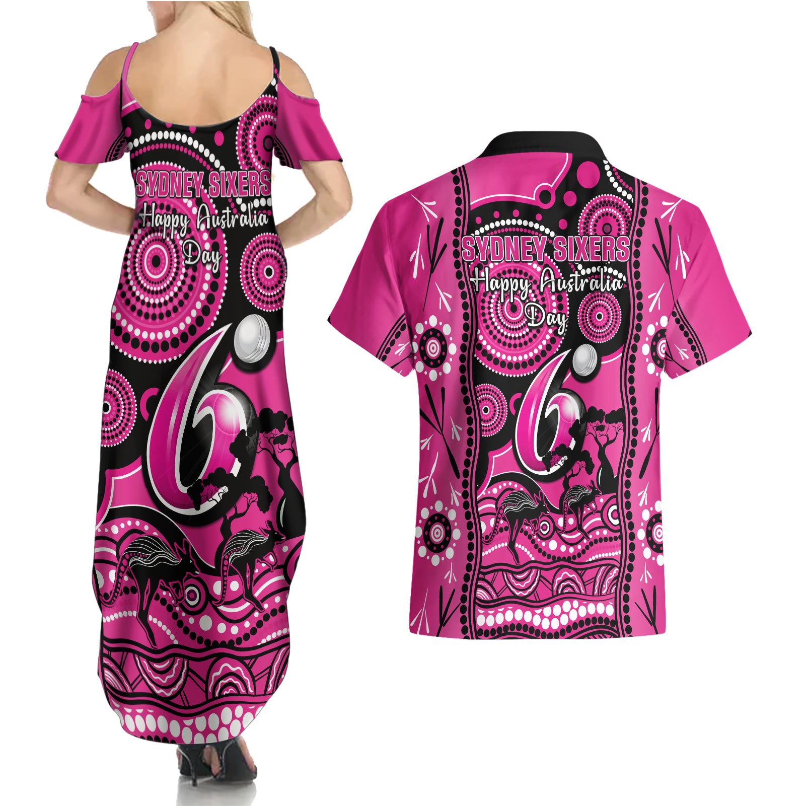 sydney-sixers-cricket-couples-matching-summer-maxi-dress-and-hawaiian-shirt-happy-australia-day-aboriginal-art