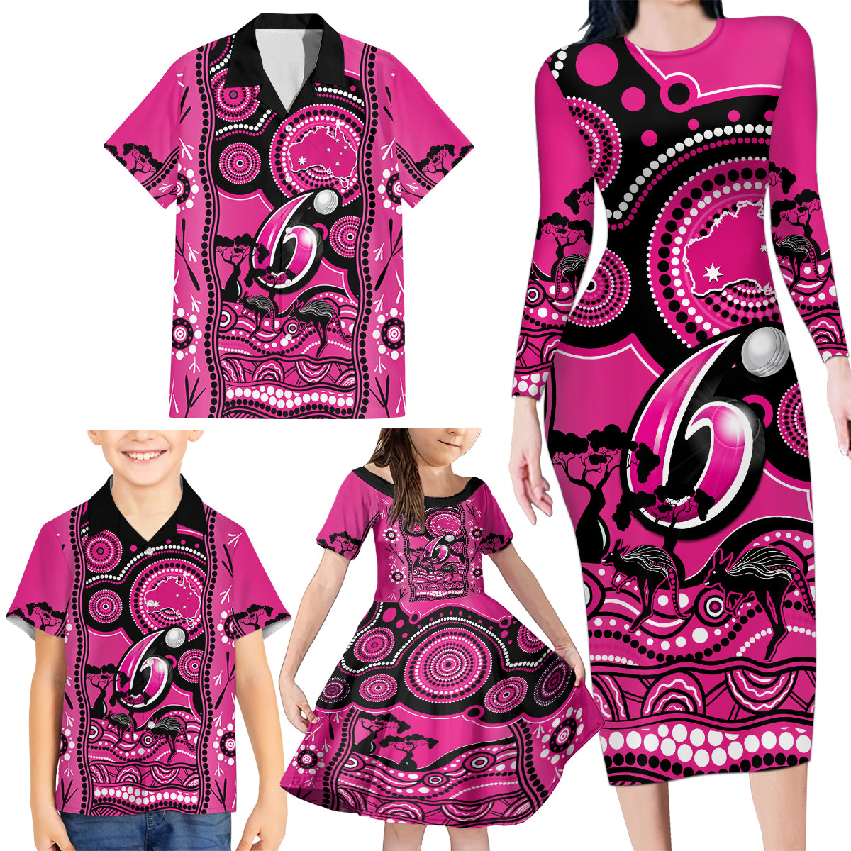 sydney-sixers-cricket-family-matching-long-sleeve-bodycon-dress-and-hawaiian-shirt-happy-australia-day-aboriginal-art