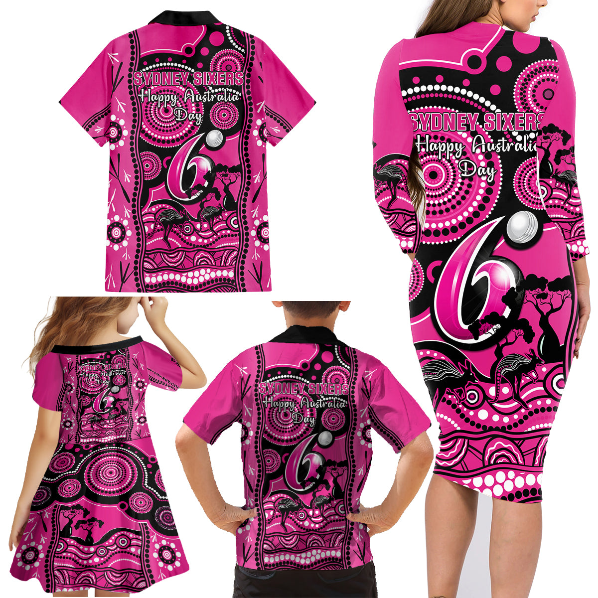 sydney-sixers-cricket-family-matching-long-sleeve-bodycon-dress-and-hawaiian-shirt-happy-australia-day-aboriginal-art