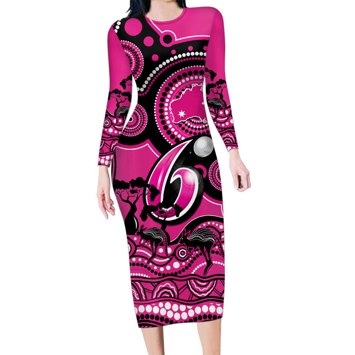 sydney-sixers-cricket-family-matching-long-sleeve-bodycon-dress-and-hawaiian-shirt-happy-australia-day-aboriginal-art