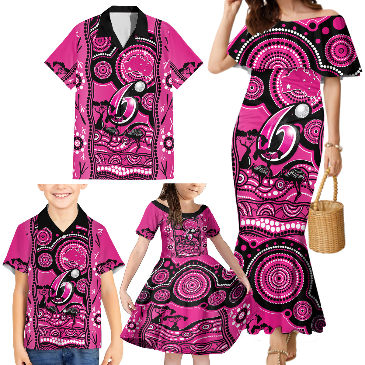 sydney-sixers-cricket-family-matching-mermaid-dress-and-hawaiian-shirt-happy-australia-day-aboriginal-art