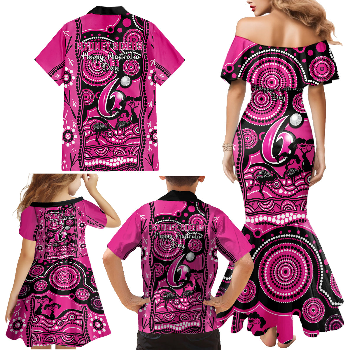 sydney-sixers-cricket-family-matching-mermaid-dress-and-hawaiian-shirt-happy-australia-day-aboriginal-art