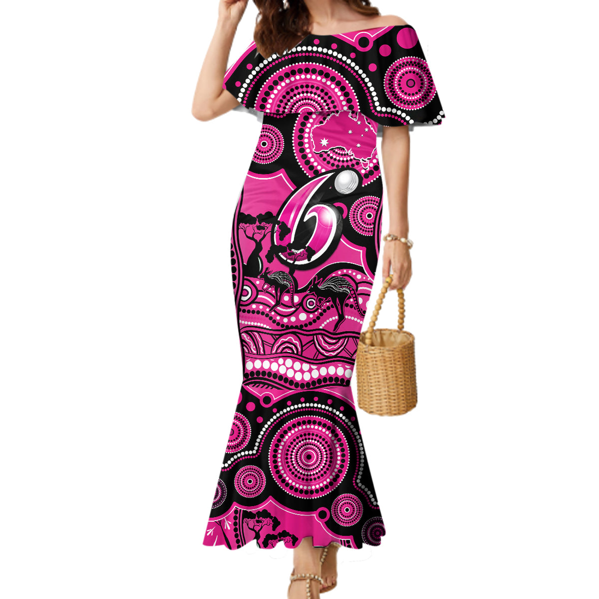 sydney-sixers-cricket-family-matching-mermaid-dress-and-hawaiian-shirt-happy-australia-day-aboriginal-art