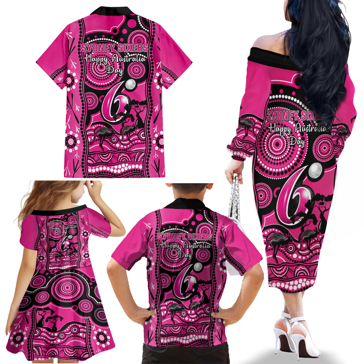 sydney-sixers-cricket-family-matching-off-shoulder-long-sleeve-dress-and-hawaiian-shirt-happy-australia-day-aboriginal-art