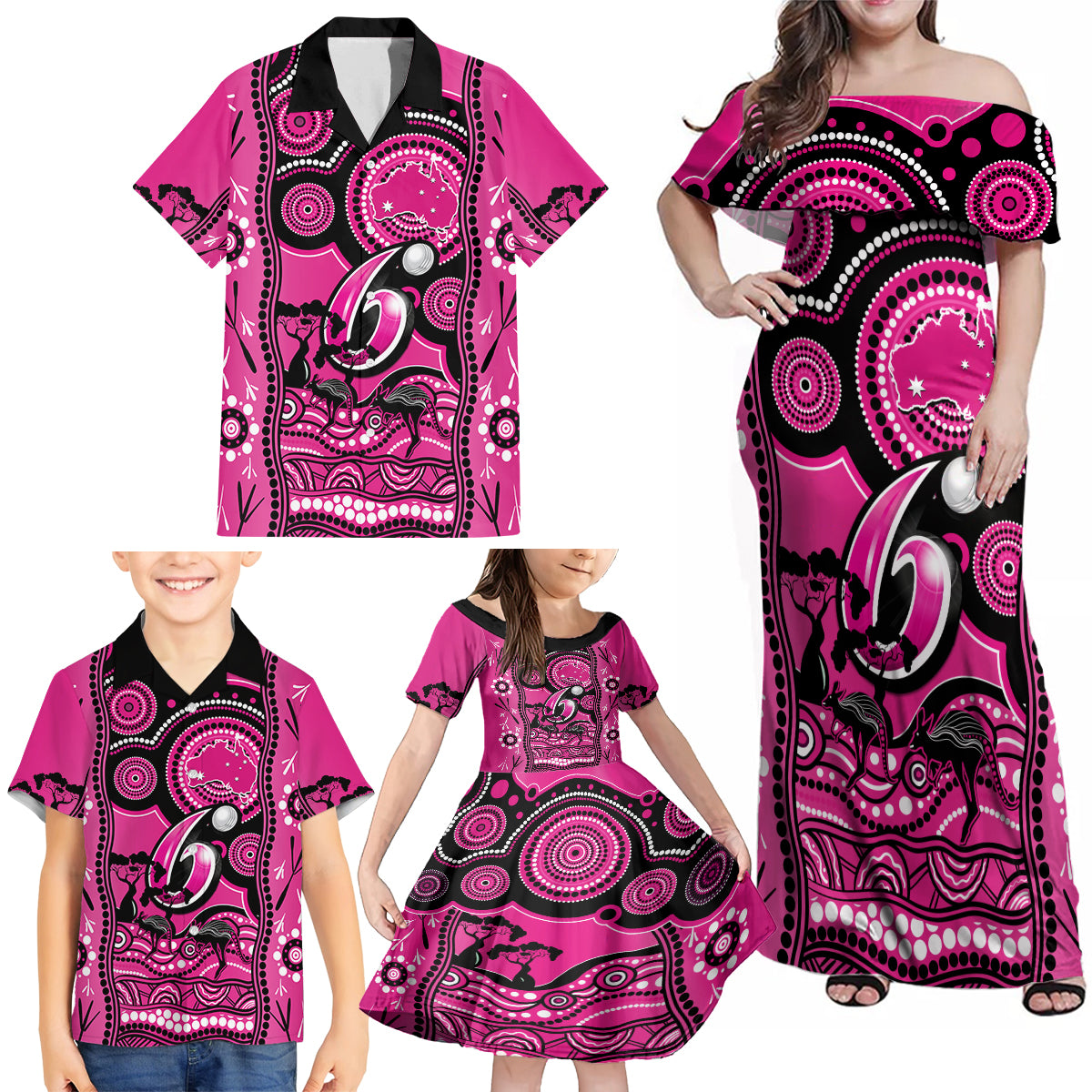 sydney-sixers-cricket-family-matching-off-shoulder-maxi-dress-and-hawaiian-shirt-happy-australia-day-aboriginal-art