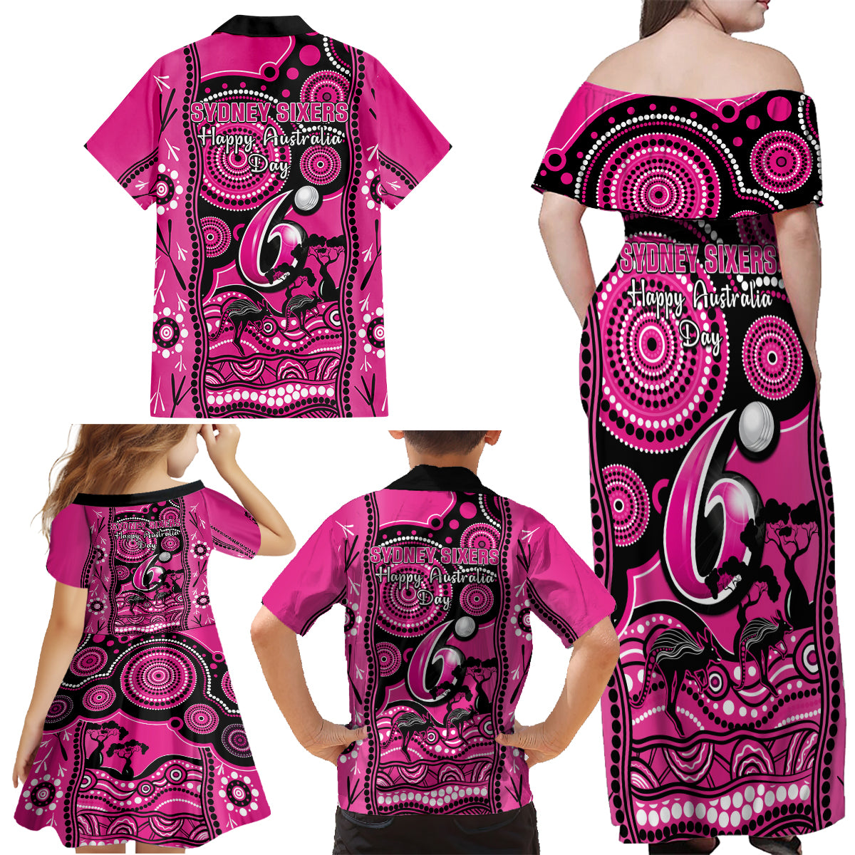 sydney-sixers-cricket-family-matching-off-shoulder-maxi-dress-and-hawaiian-shirt-happy-australia-day-aboriginal-art