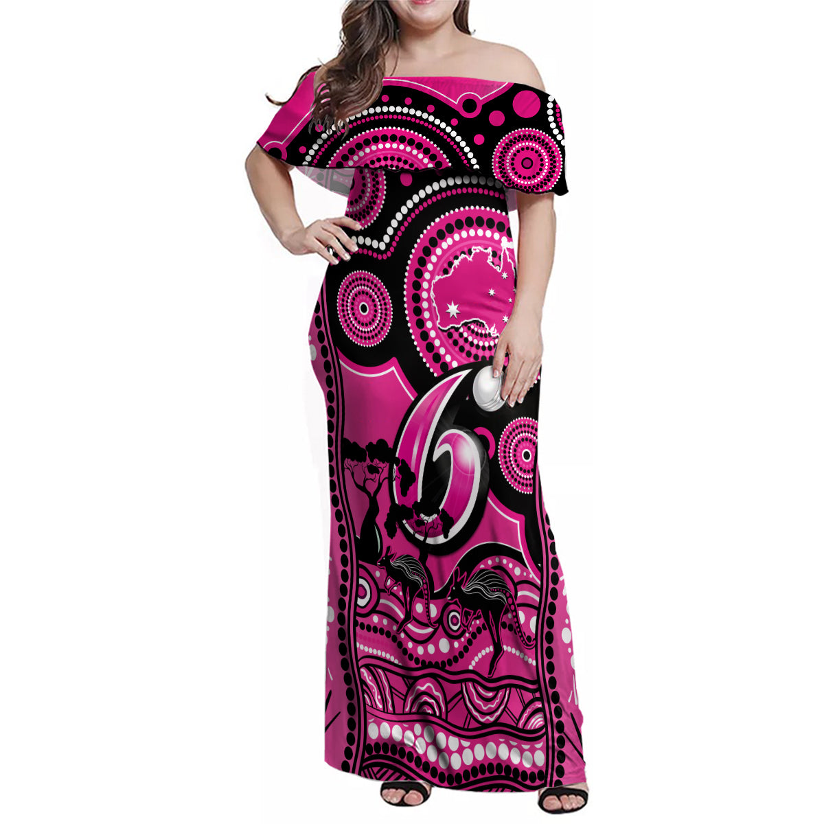 sydney-sixers-cricket-family-matching-off-shoulder-maxi-dress-and-hawaiian-shirt-happy-australia-day-aboriginal-art