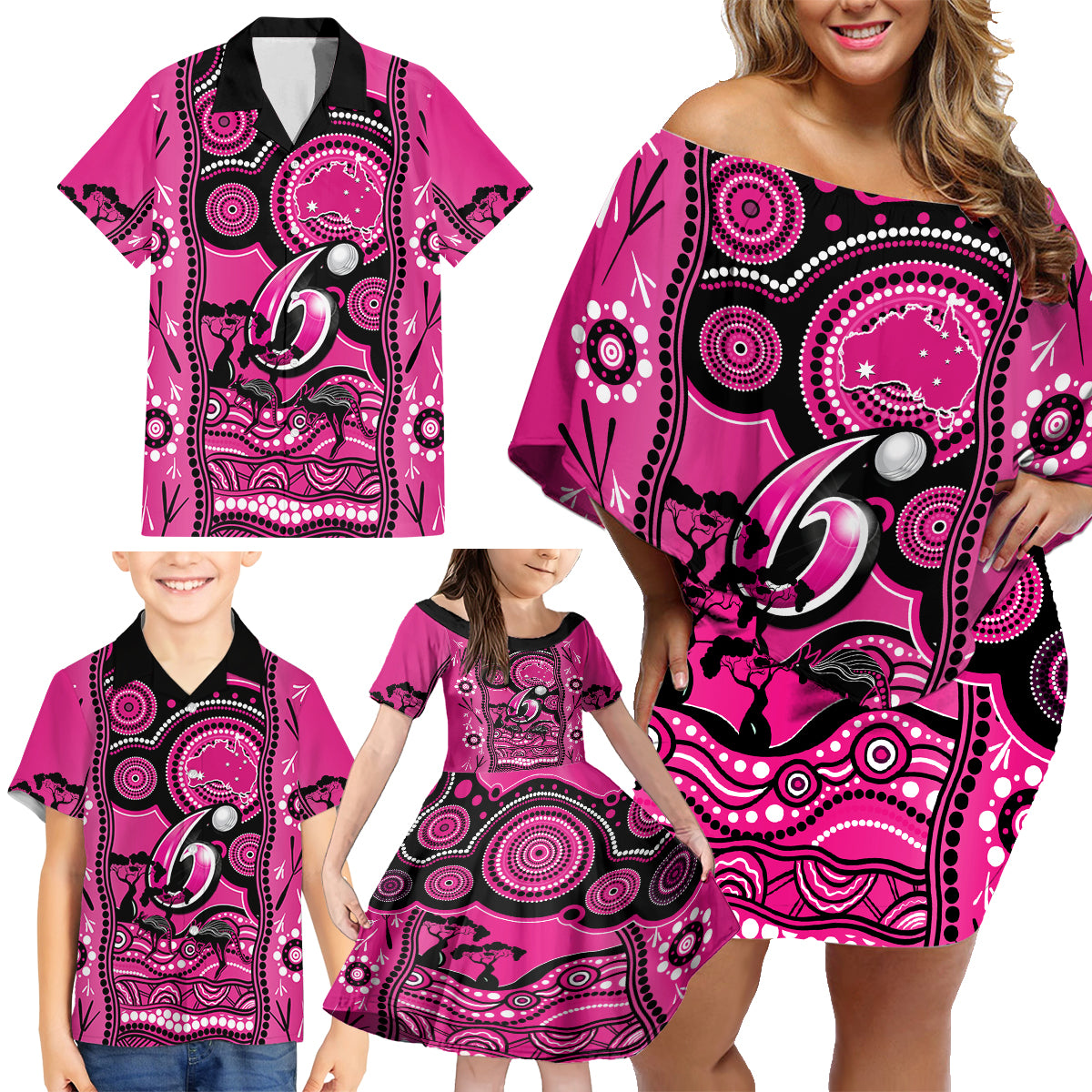 sydney-sixers-cricket-family-matching-off-shoulder-short-dress-and-hawaiian-shirt-happy-australia-day-aboriginal-art