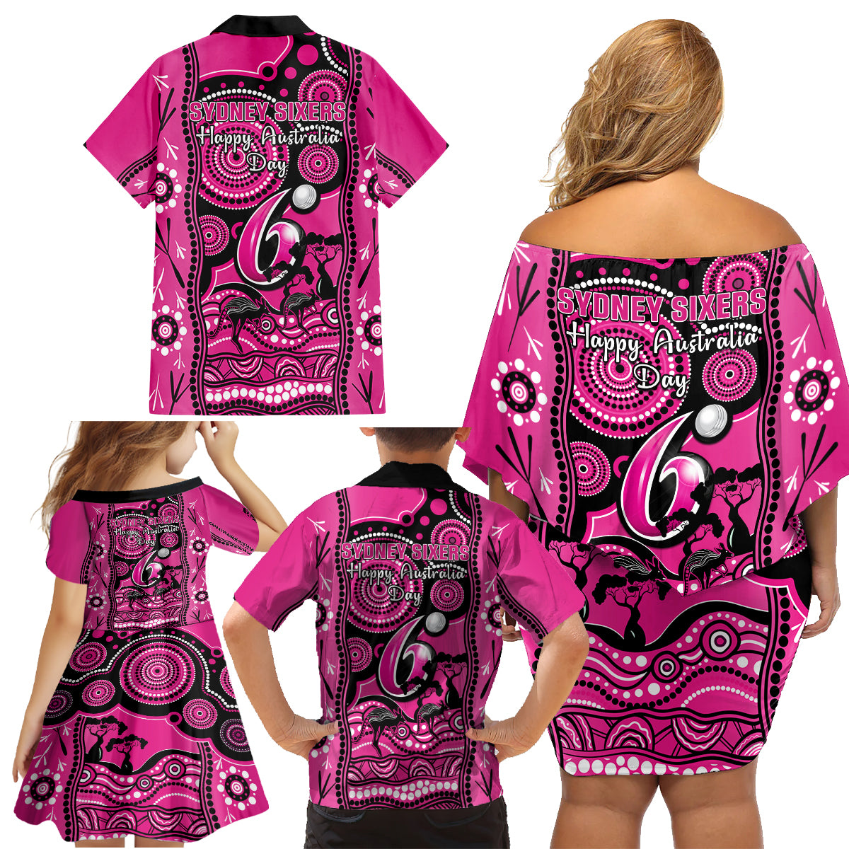 sydney-sixers-cricket-family-matching-off-shoulder-short-dress-and-hawaiian-shirt-happy-australia-day-aboriginal-art