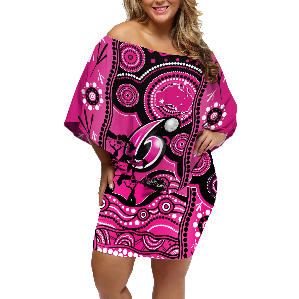 sydney-sixers-cricket-family-matching-off-shoulder-short-dress-and-hawaiian-shirt-happy-australia-day-aboriginal-art