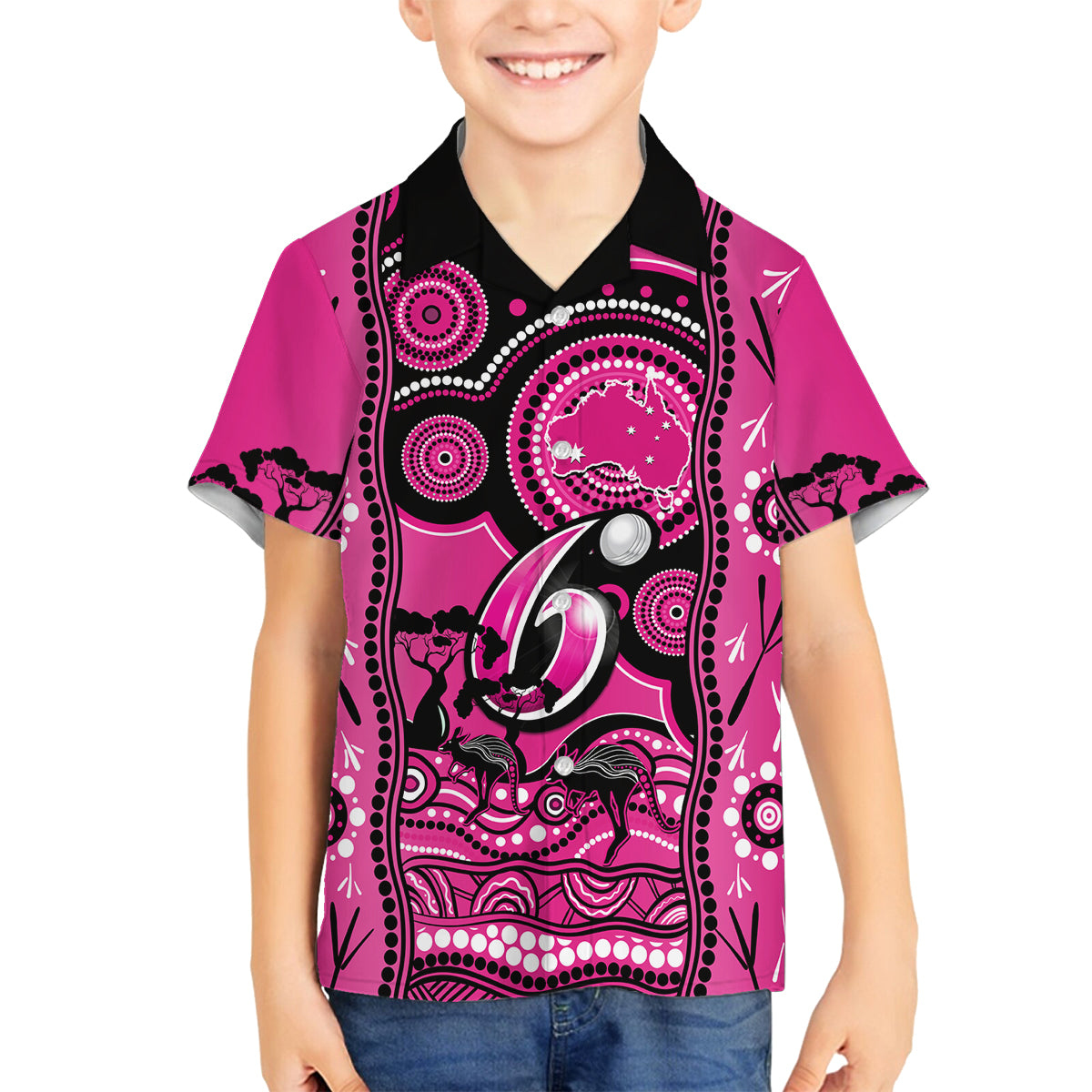 sydney-sixers-cricket-family-matching-off-shoulder-short-dress-and-hawaiian-shirt-happy-australia-day-aboriginal-art