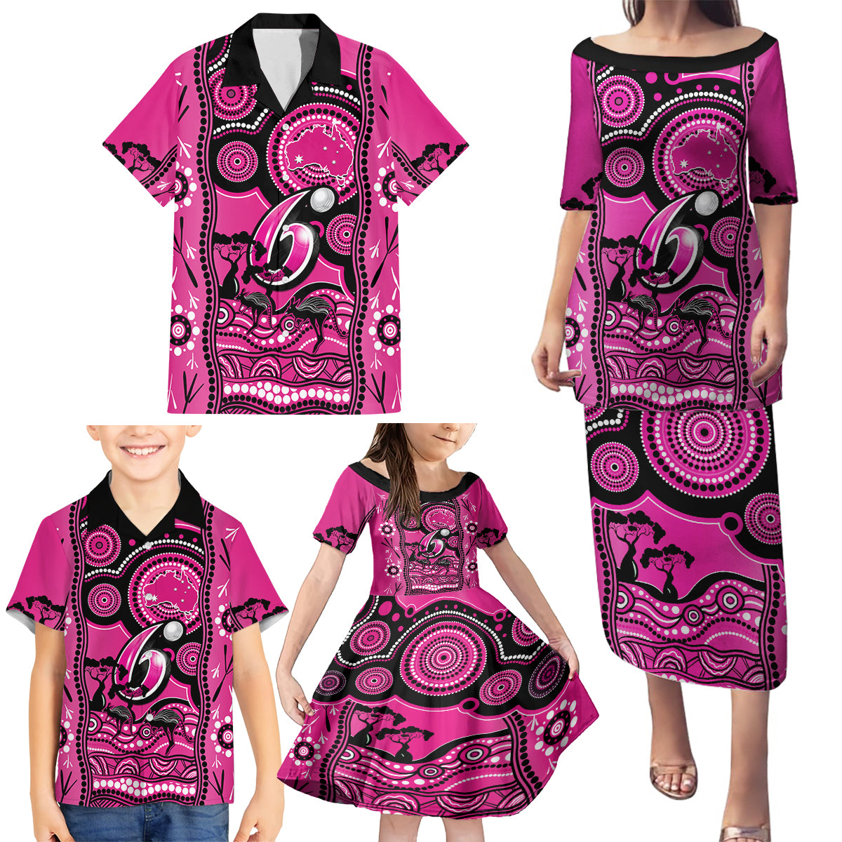 sydney-sixers-cricket-family-matching-puletasi-dress-and-hawaiian-shirt-happy-australia-day-aboriginal-art