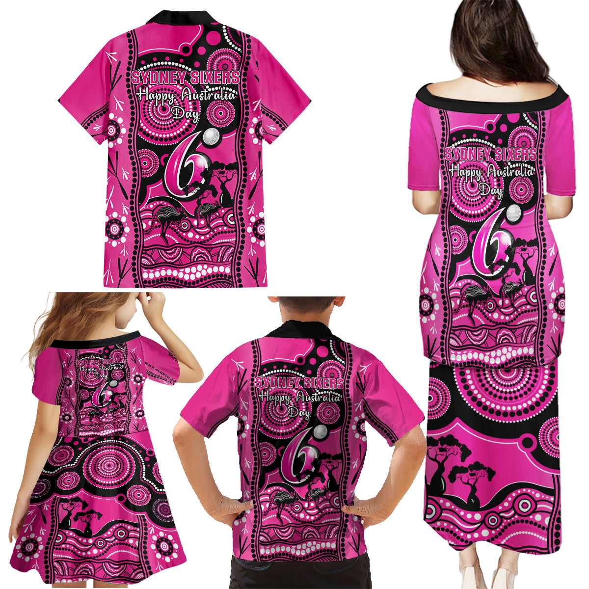 sydney-sixers-cricket-family-matching-puletasi-dress-and-hawaiian-shirt-happy-australia-day-aboriginal-art