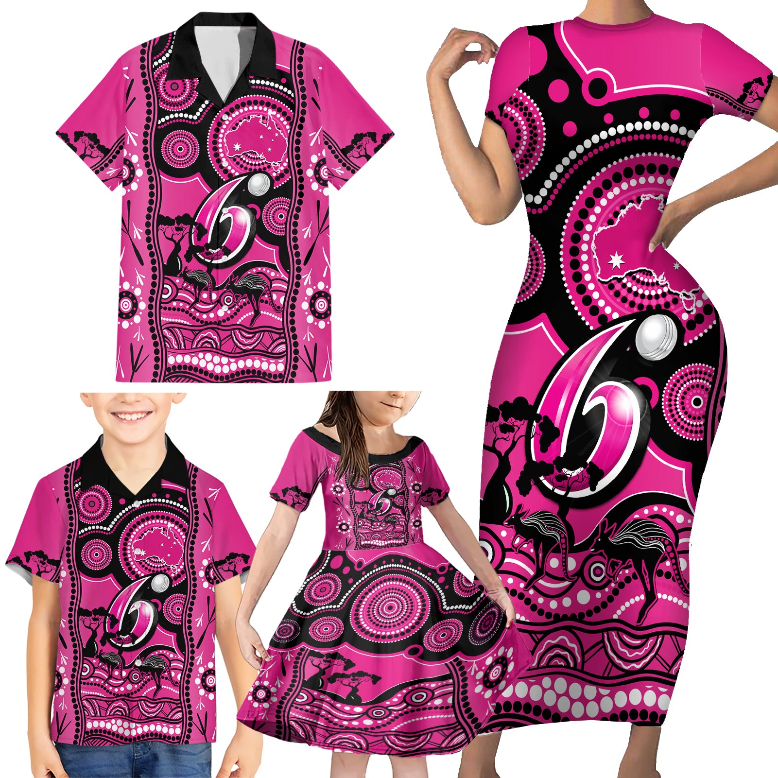 sydney-sixers-cricket-family-matching-short-sleeve-bodycon-dress-and-hawaiian-shirt-happy-australia-day-aboriginal-art