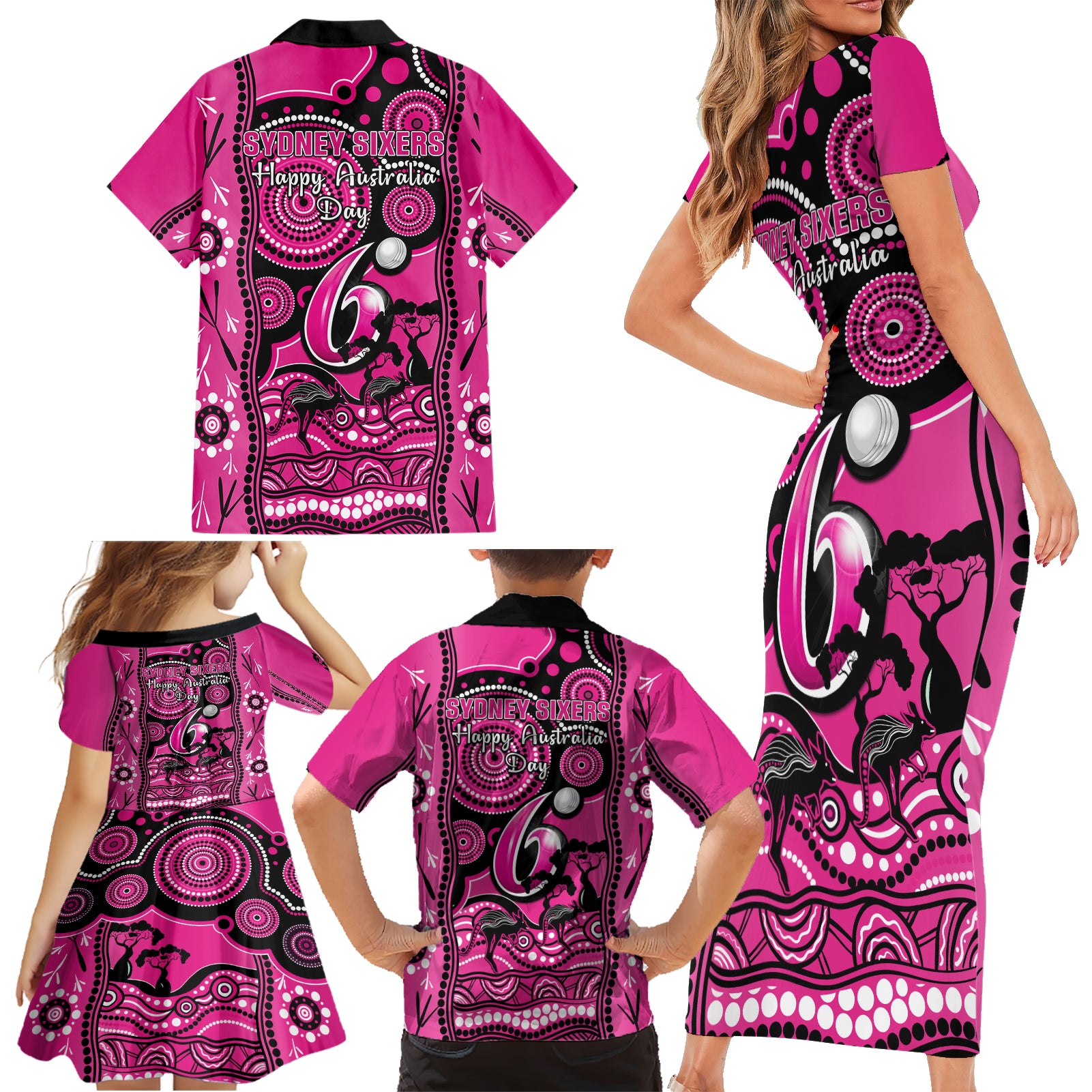 sydney-sixers-cricket-family-matching-short-sleeve-bodycon-dress-and-hawaiian-shirt-happy-australia-day-aboriginal-art