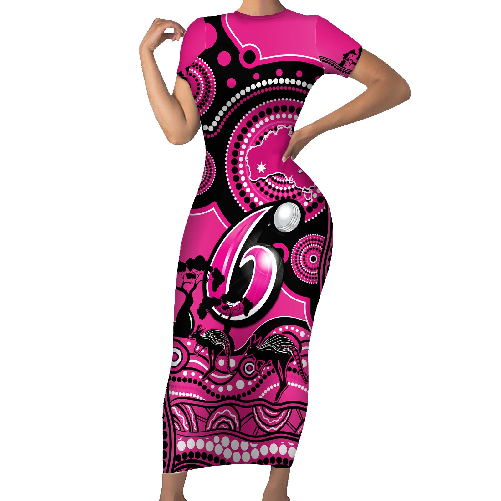 sydney-sixers-cricket-family-matching-short-sleeve-bodycon-dress-and-hawaiian-shirt-happy-australia-day-aboriginal-art