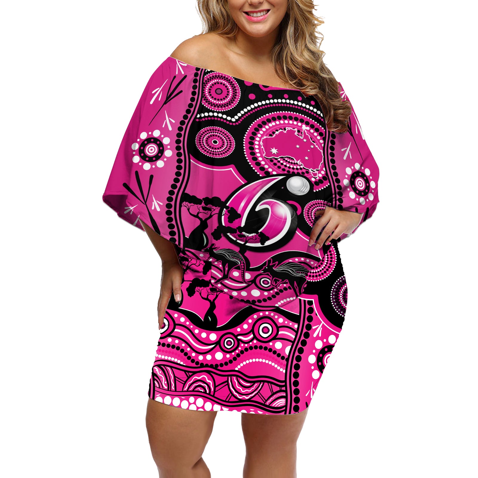 sydney-sixers-cricket-off-shoulder-short-dress-happy-australia-day-aboriginal-art