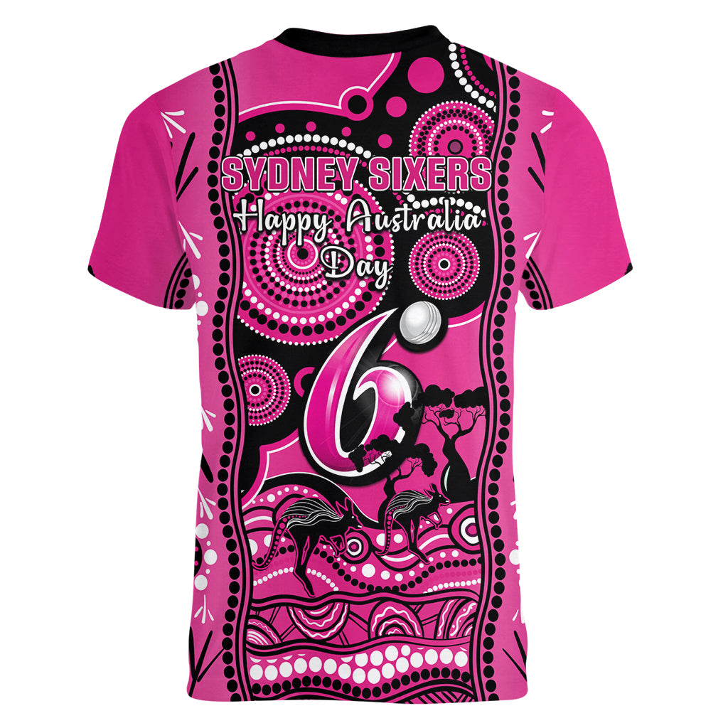 Sydney Sixers Cricket Women V Neck T Shirt Happy Australia Day Aboriginal Art - Vibe Hoodie Shop