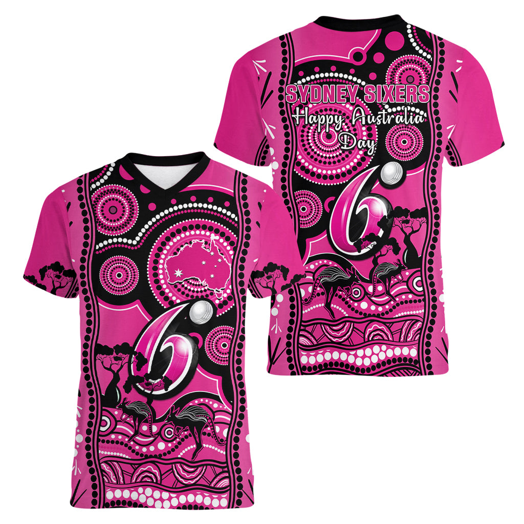 Sydney Sixers Cricket Women V Neck T Shirt Happy Australia Day Aboriginal Art - Vibe Hoodie Shop