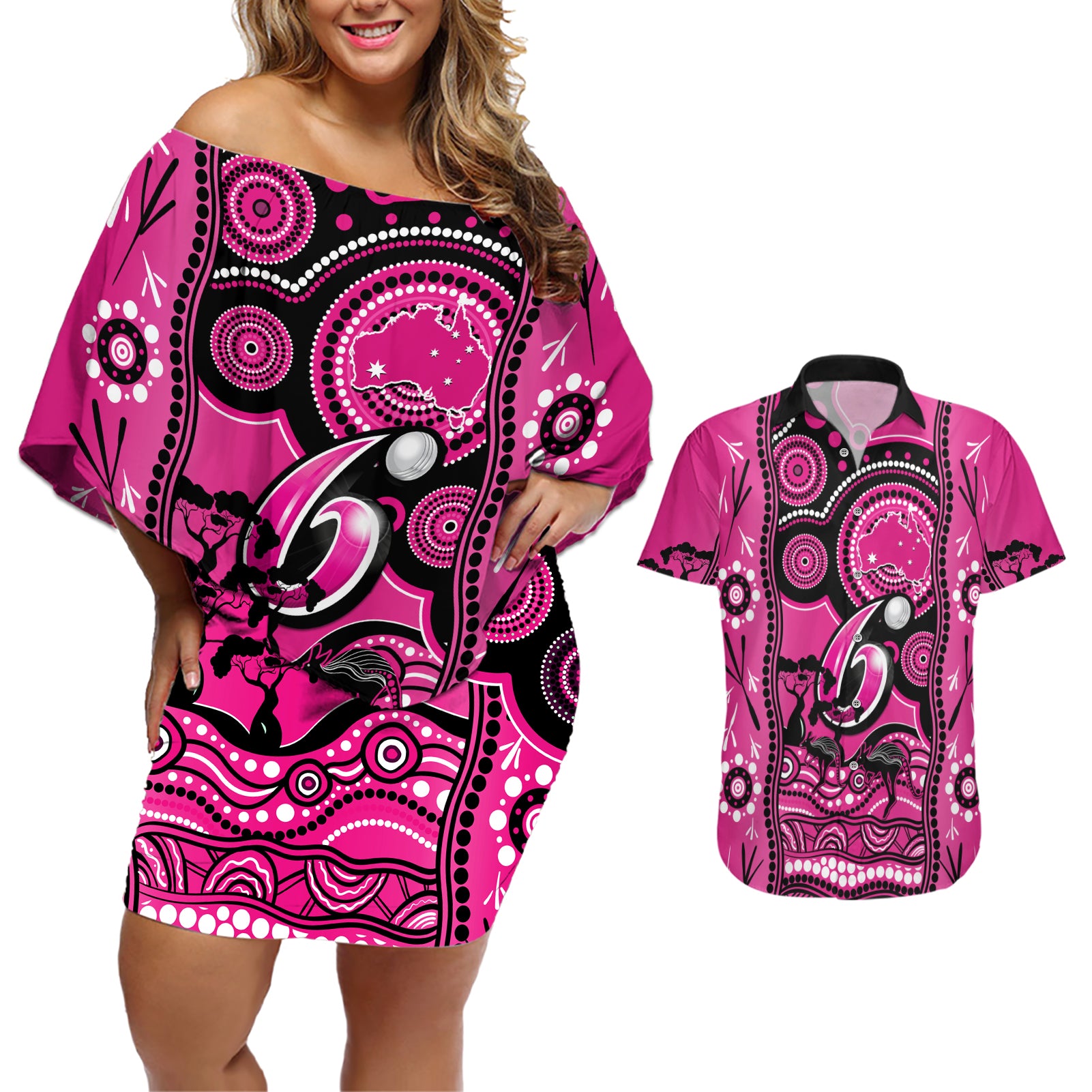 custom-sydney-sixers-cricket-couples-matching-off-shoulder-short-dress-and-hawaiian-shirt-happy-australia-day-aboriginal-art