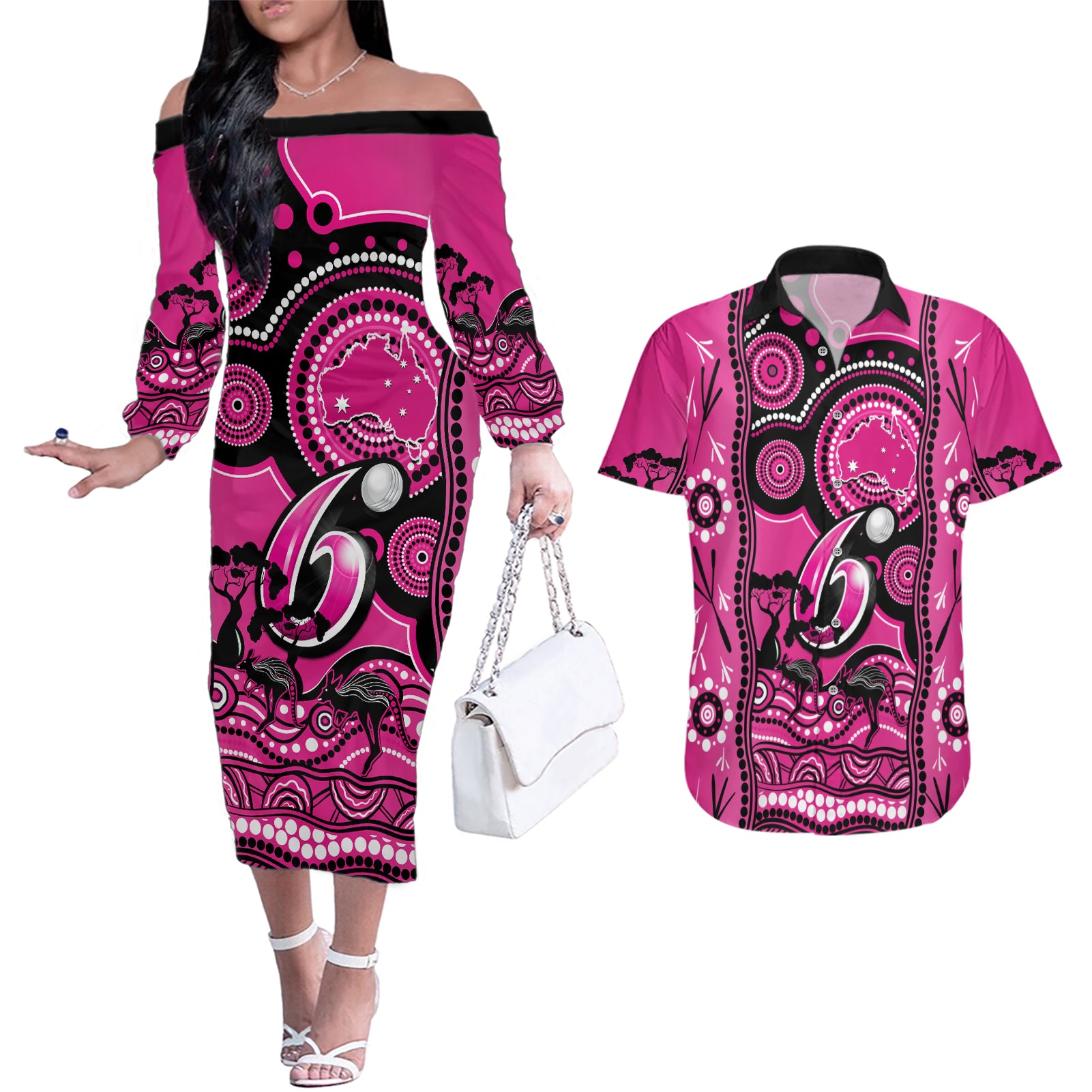 custom-sydney-sixers-cricket-couples-matching-off-the-shoulder-long-sleeve-dress-and-hawaiian-shirt-happy-australia-day-aboriginal-art