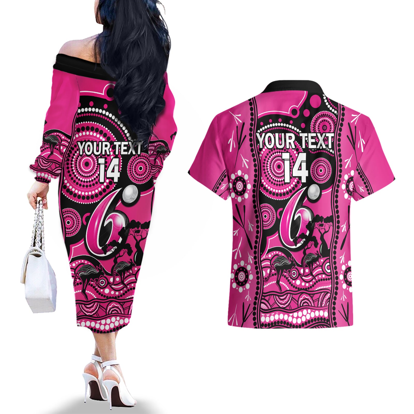 custom-sydney-sixers-cricket-couples-matching-off-the-shoulder-long-sleeve-dress-and-hawaiian-shirt-happy-australia-day-aboriginal-art