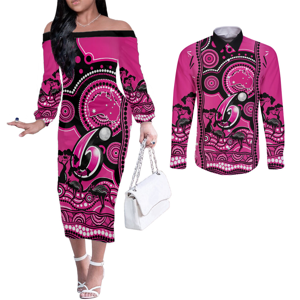 custom-sydney-sixers-cricket-couples-matching-off-the-shoulder-long-sleeve-dress-and-long-sleeve-button-shirt-happy-australia-day-aboriginal-art