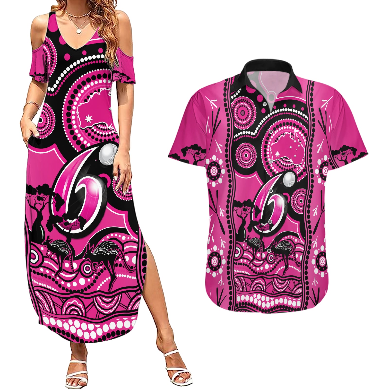 custom-sydney-sixers-cricket-couples-matching-summer-maxi-dress-and-hawaiian-shirt-happy-australia-day-aboriginal-art