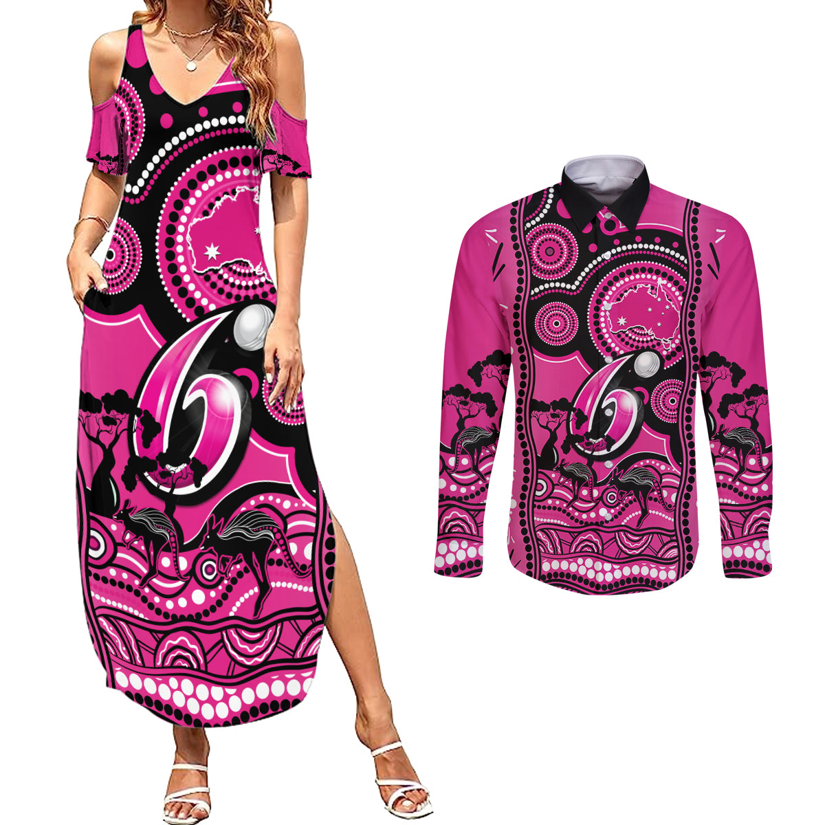 custom-sydney-sixers-cricket-couples-matching-summer-maxi-dress-and-long-sleeve-button-shirt-happy-australia-day-aboriginal-art