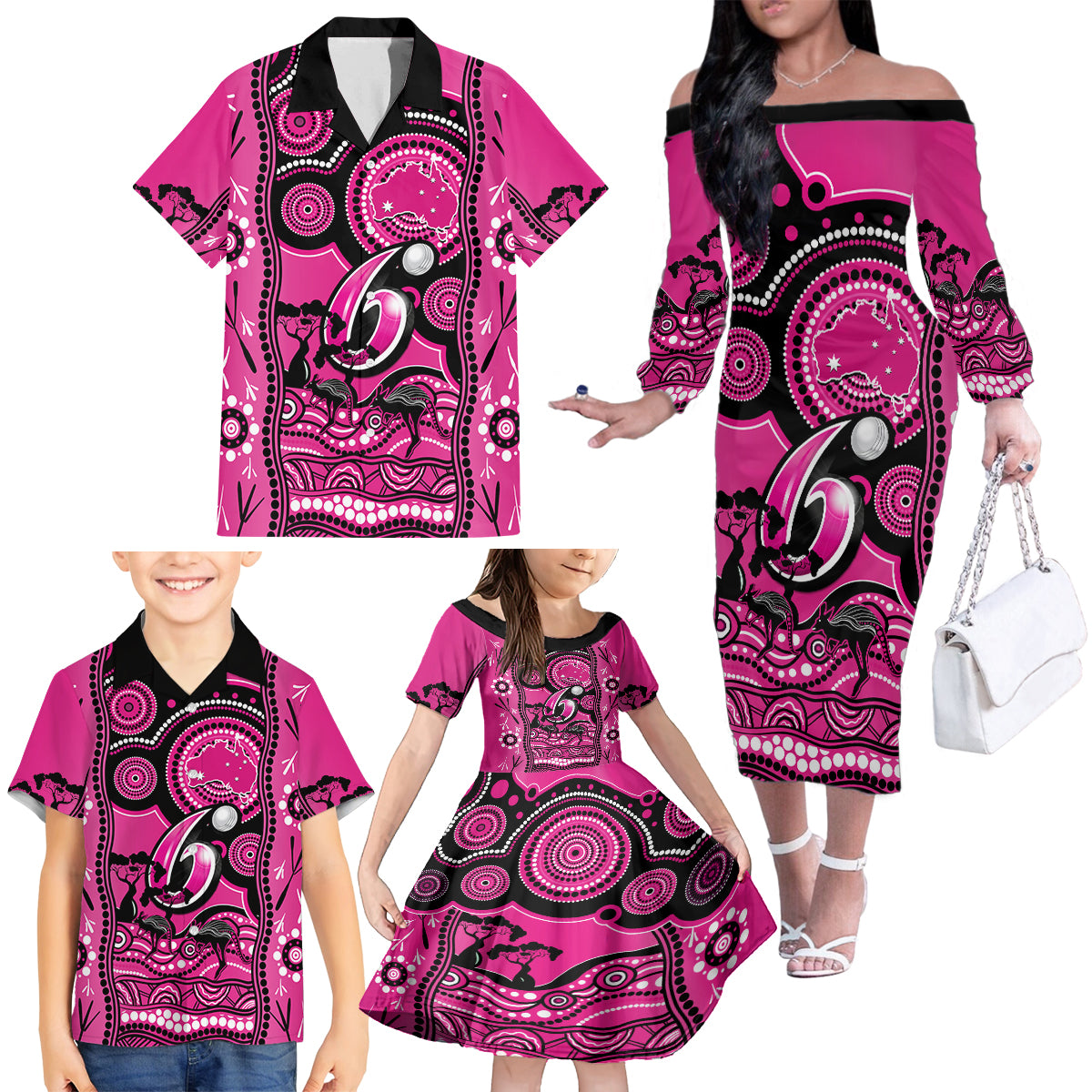 custom-sydney-sixers-cricket-family-matching-off-shoulder-long-sleeve-dress-and-hawaiian-shirt-happy-australia-day-aboriginal-art