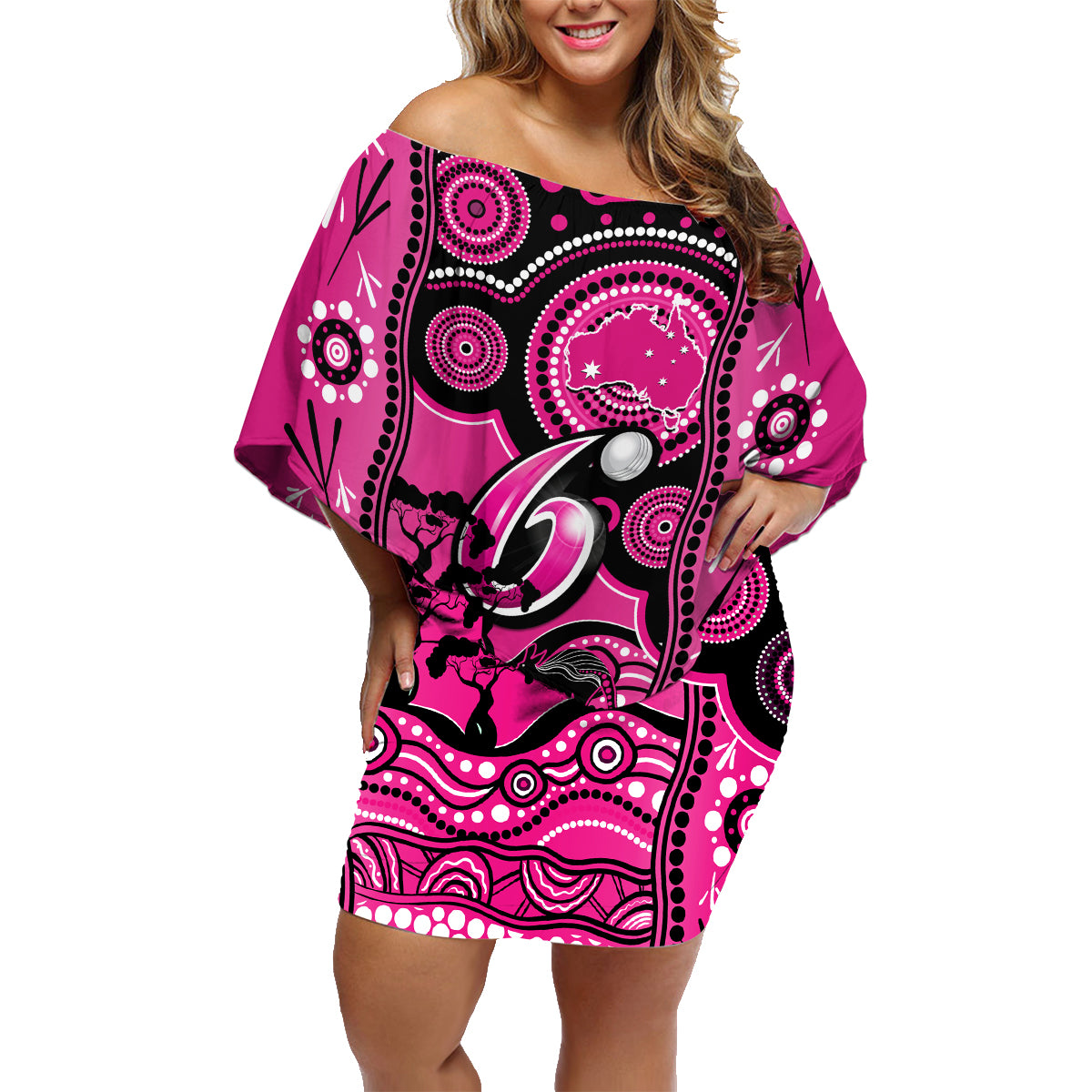 custom-sydney-sixers-cricket-family-matching-off-shoulder-short-dress-and-hawaiian-shirt-happy-australia-day-aboriginal-art