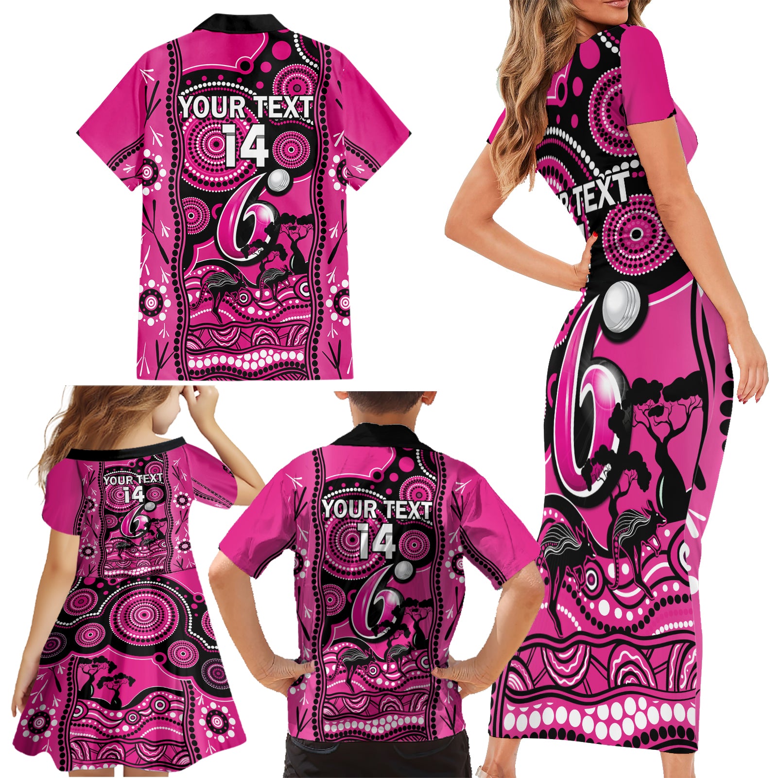 custom-sydney-sixers-cricket-family-matching-short-sleeve-bodycon-dress-and-hawaiian-shirt-happy-australia-day-aboriginal-art