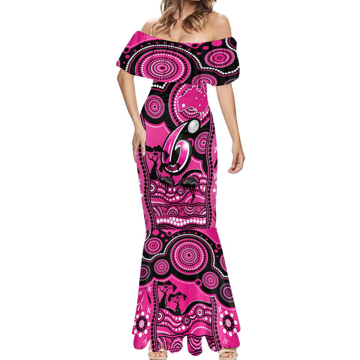 custom-sydney-sixers-cricket-mermaid-dress-happy-australia-day-aboriginal-art