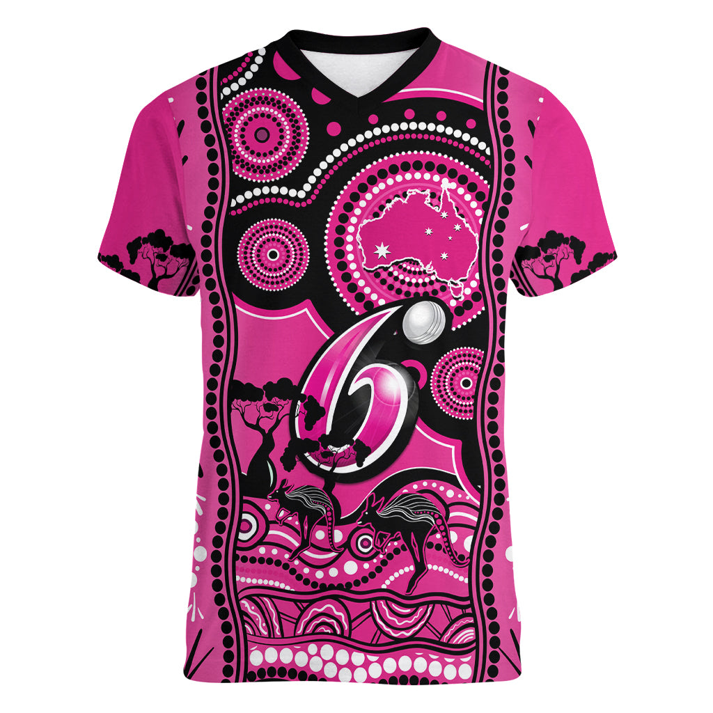 Custom Sydney Sixers Cricket Women V Neck T Shirt Happy Australia Day Aboriginal Art - Vibe Hoodie Shop