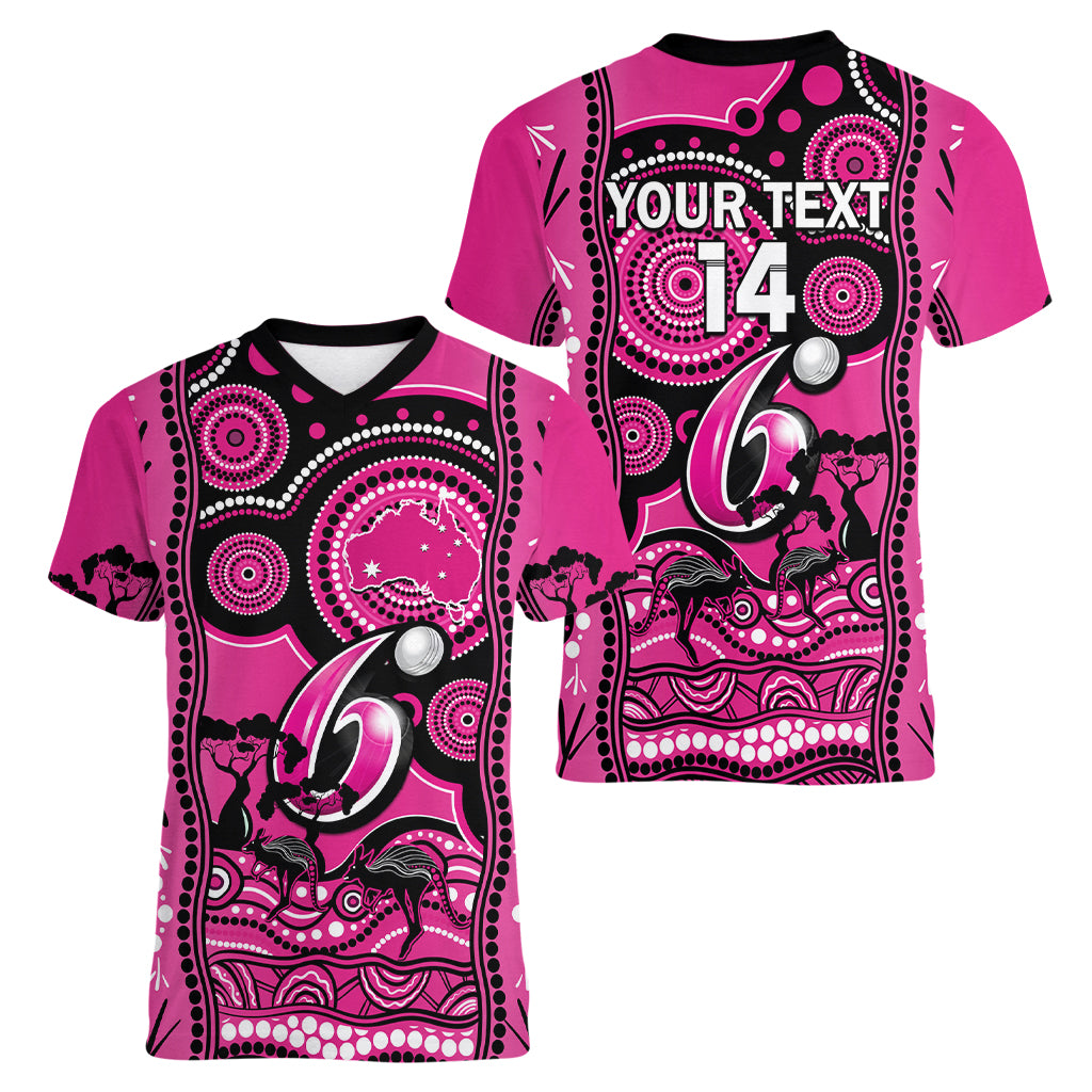 Custom Sydney Sixers Cricket Women V Neck T Shirt Happy Australia Day Aboriginal Art - Vibe Hoodie Shop