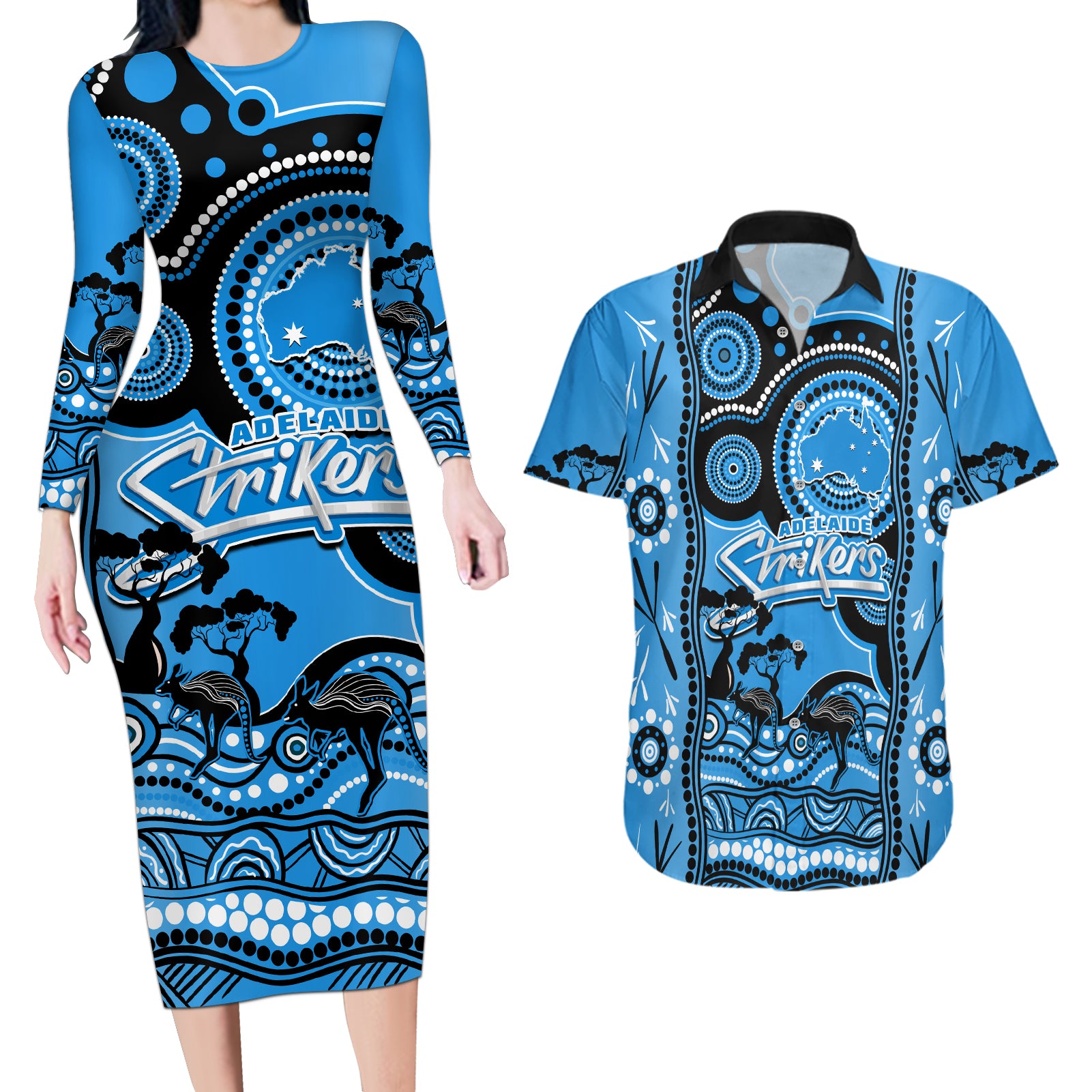 adelaide-strikers-cricket-couples-matching-long-sleeve-bodycon-dress-and-hawaiian-shirt-happy-australia-day-aboriginal-art