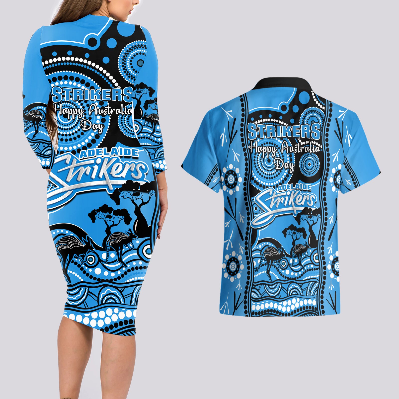 adelaide-strikers-cricket-couples-matching-long-sleeve-bodycon-dress-and-hawaiian-shirt-happy-australia-day-aboriginal-art