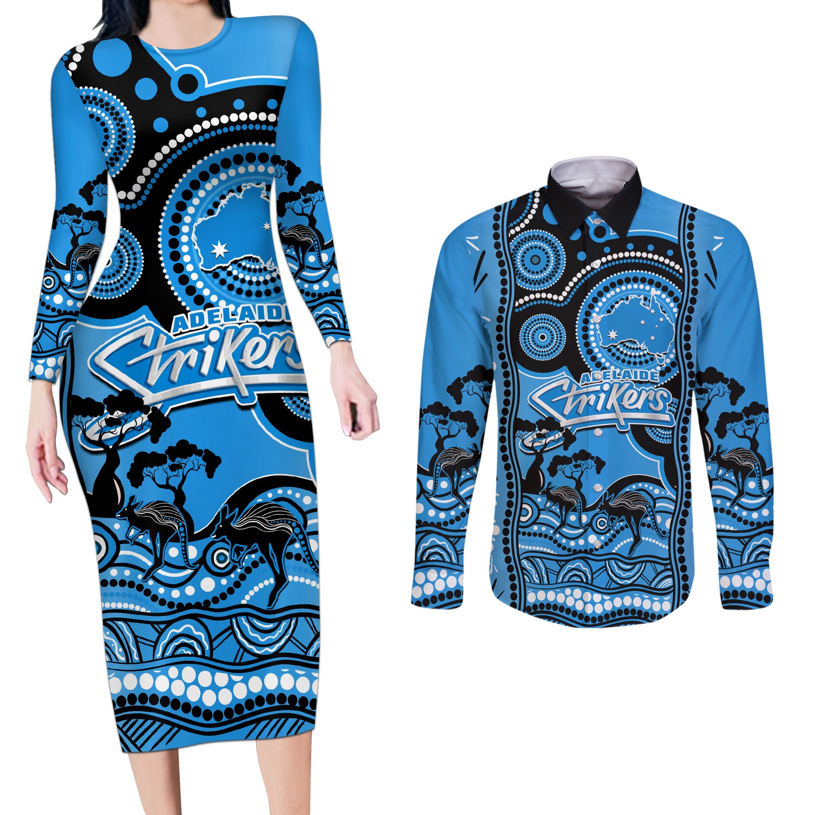 adelaide-strikers-cricket-couples-matching-long-sleeve-bodycon-dress-and-long-sleeve-button-shirt-happy-australia-day-aboriginal-art