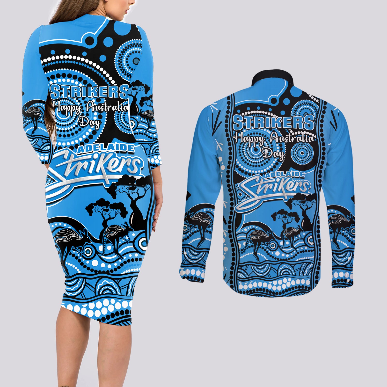 adelaide-strikers-cricket-couples-matching-long-sleeve-bodycon-dress-and-long-sleeve-button-shirt-happy-australia-day-aboriginal-art