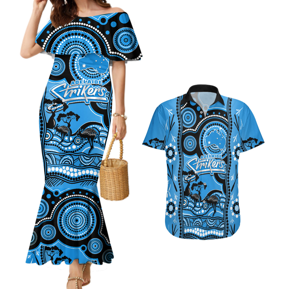 adelaide-strikers-cricket-couples-matching-mermaid-dress-and-hawaiian-shirt-happy-australia-day-aboriginal-art